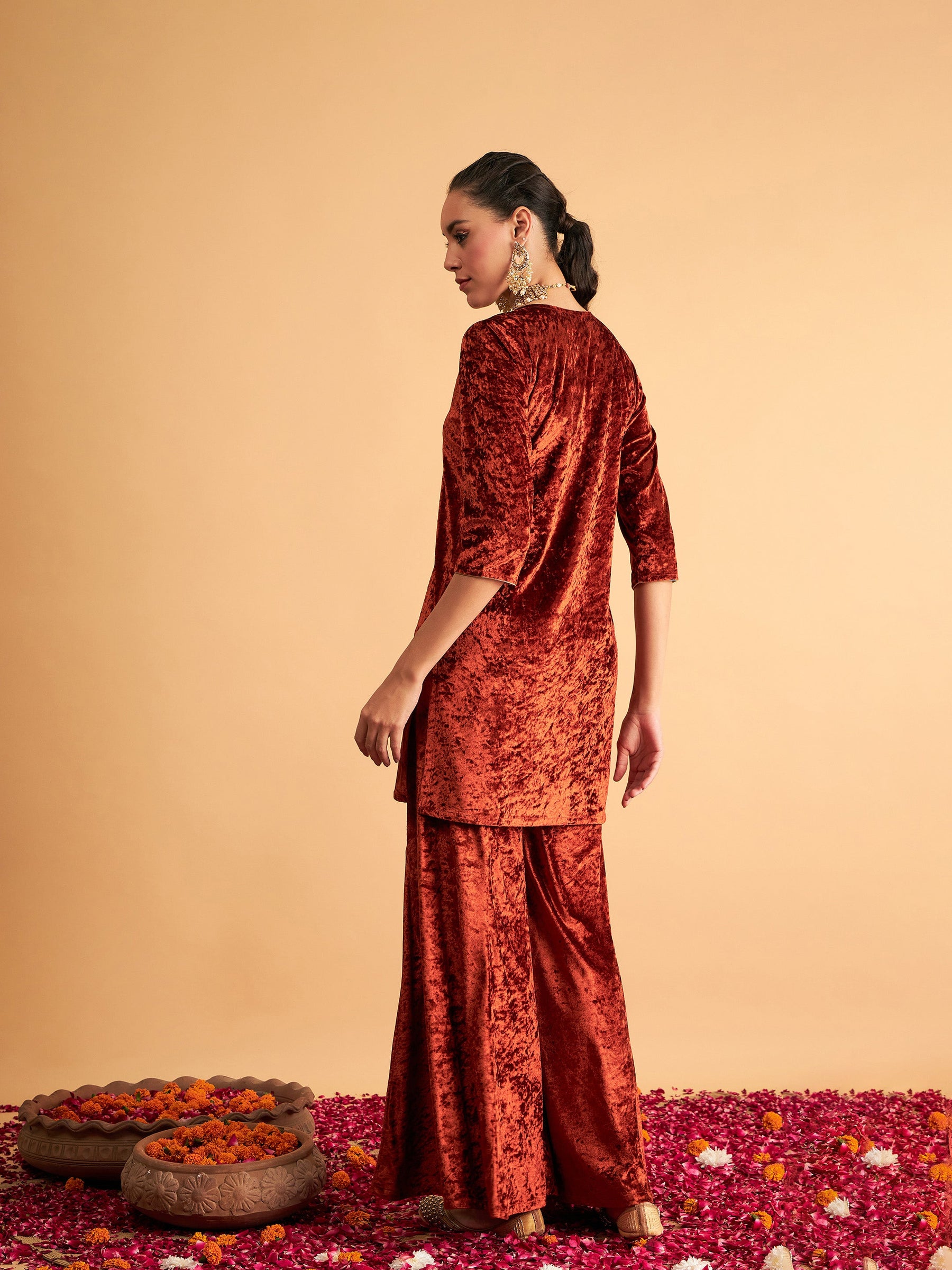 Rust Velvet Embroidered Short Kurta With Palazzos-Shae by SASSAFRAS