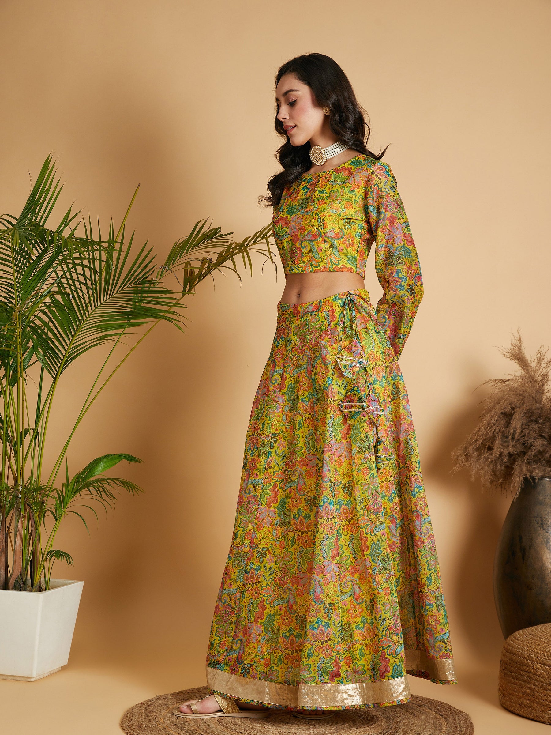 Lemon Yellow Floral Anarkali Skirt With Crop Top-Shae by SASSAFRAS