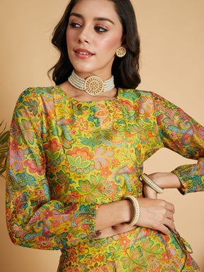Lemon Yellow Floral Anarkali Skirt With Crop Top-Shae by SASSAFRAS