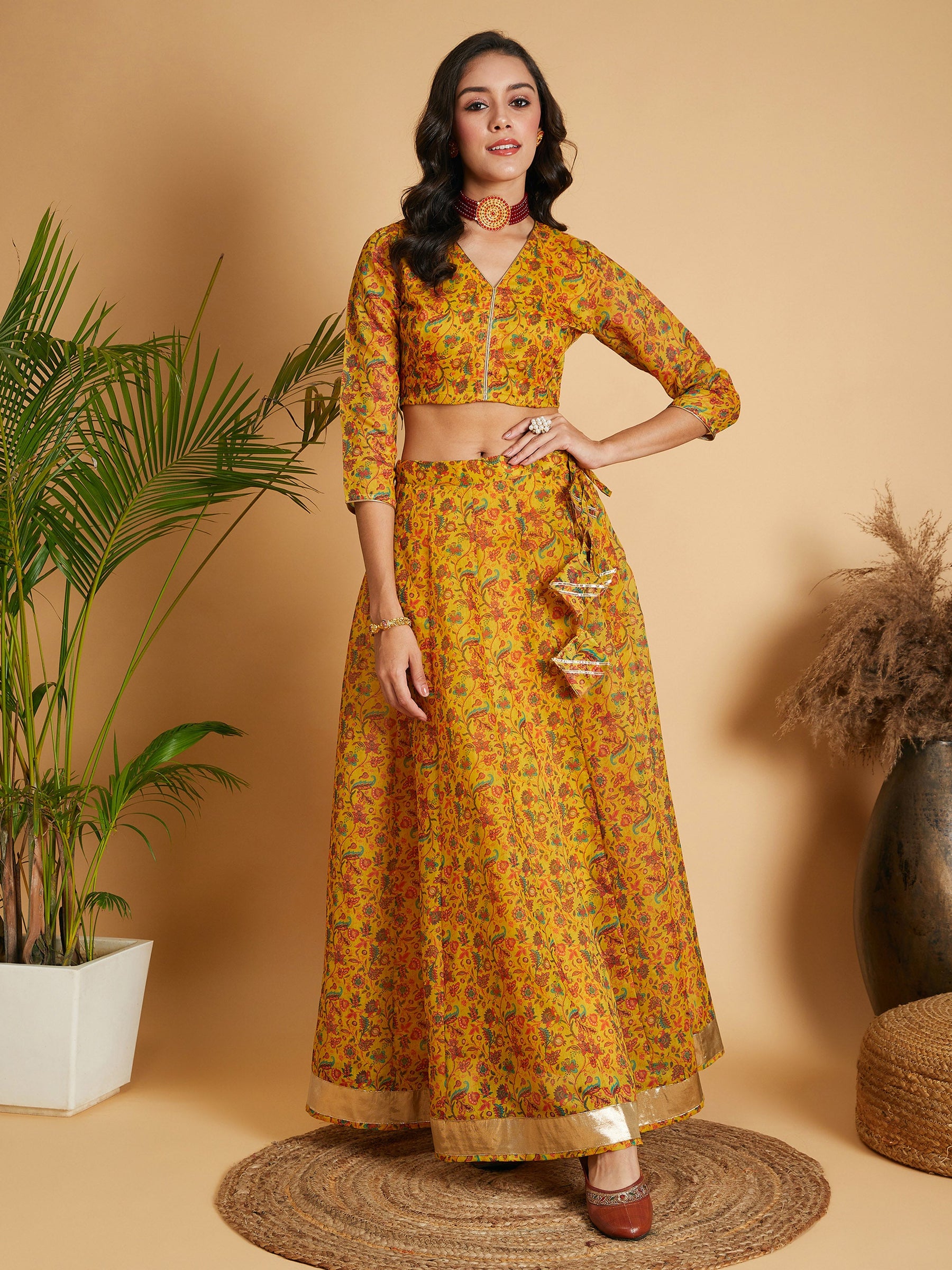 Mustard Floral Anarkali Skirt With Crop Top-Shae by SASSAFRAS