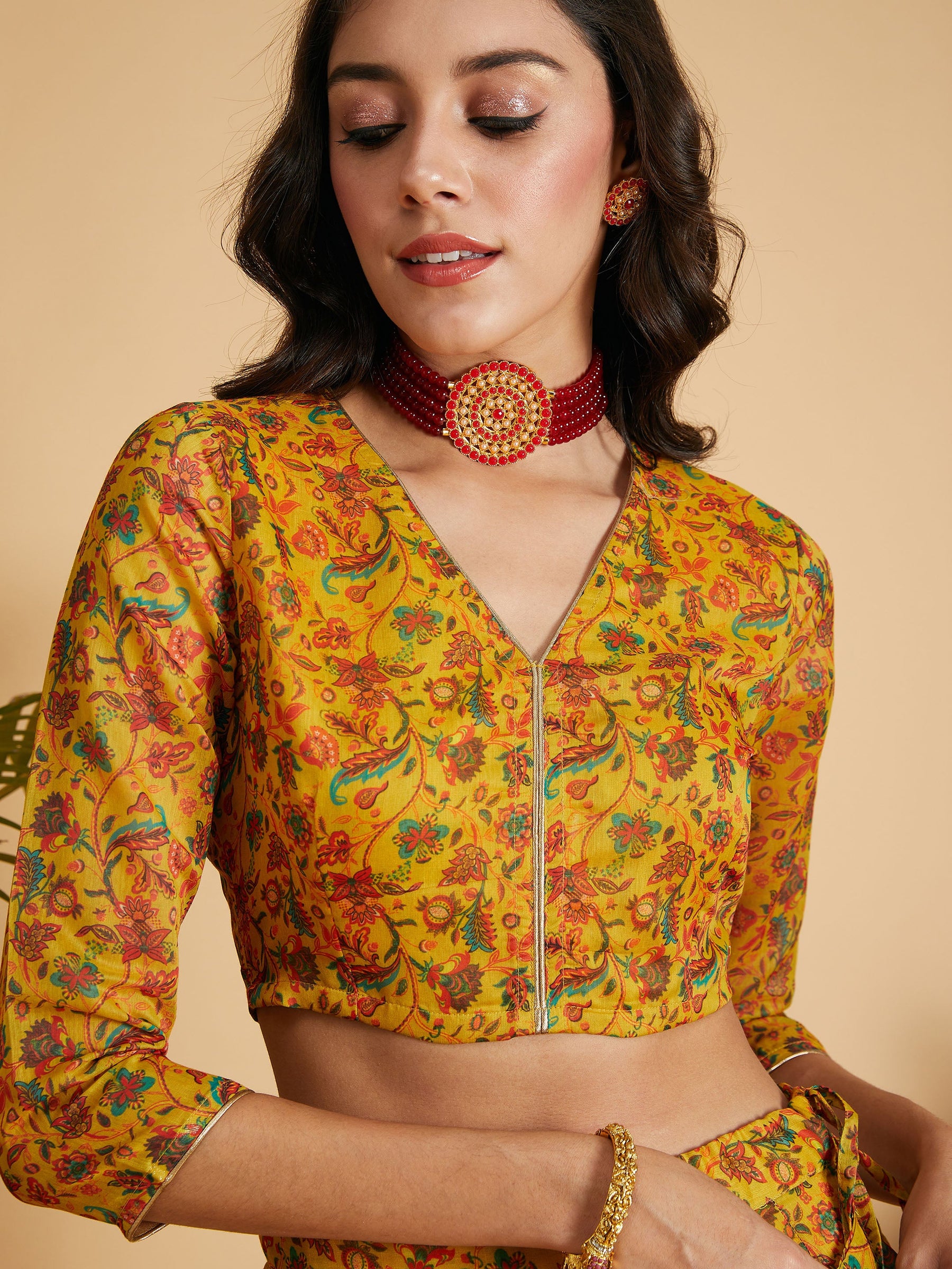 Mustard Floral Anarkali Skirt With Crop Top-Shae by SASSAFRAS