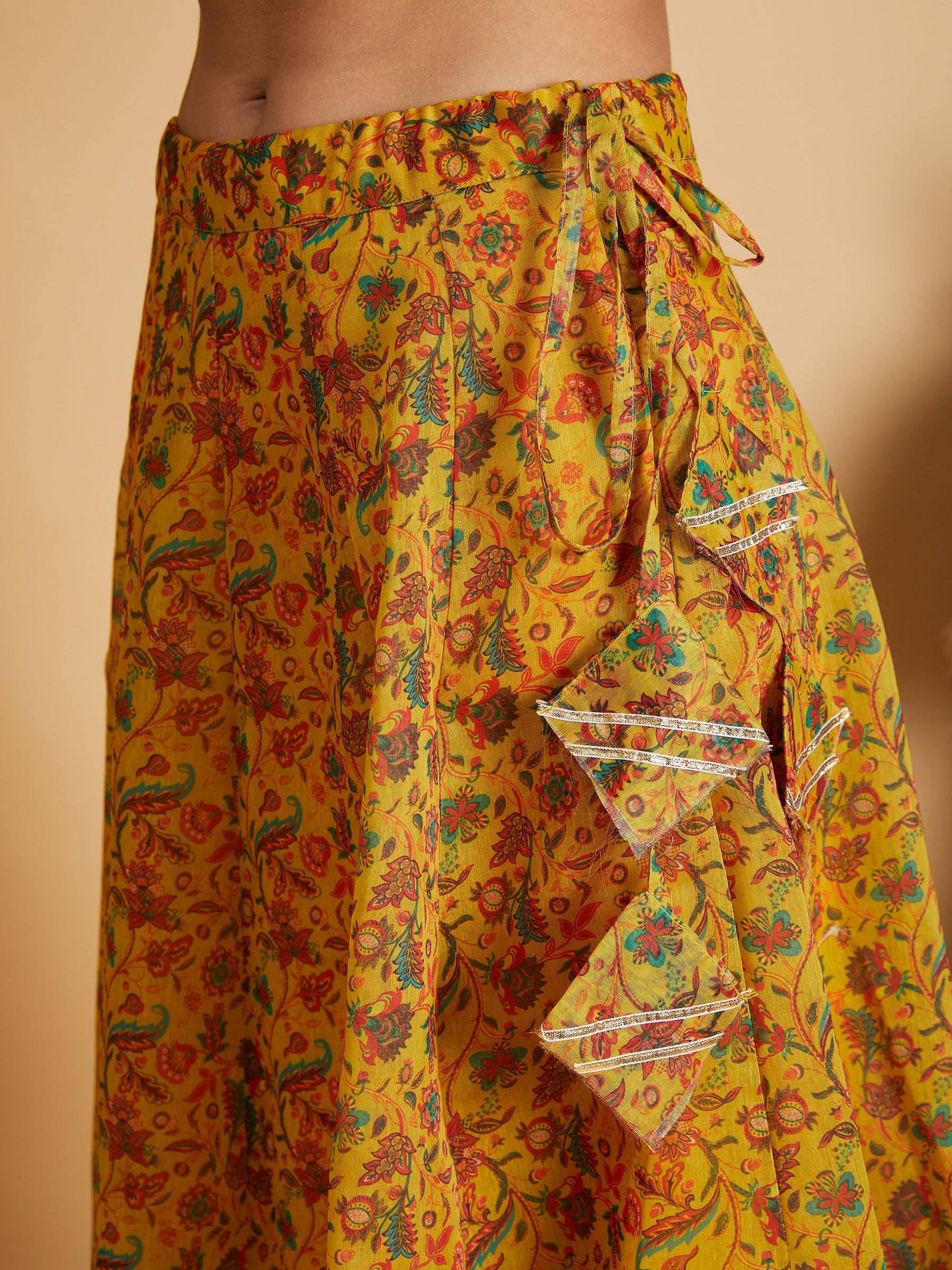 Mustard Floral Anarkali Skirt With Crop Top-Shae by SASSAFRAS