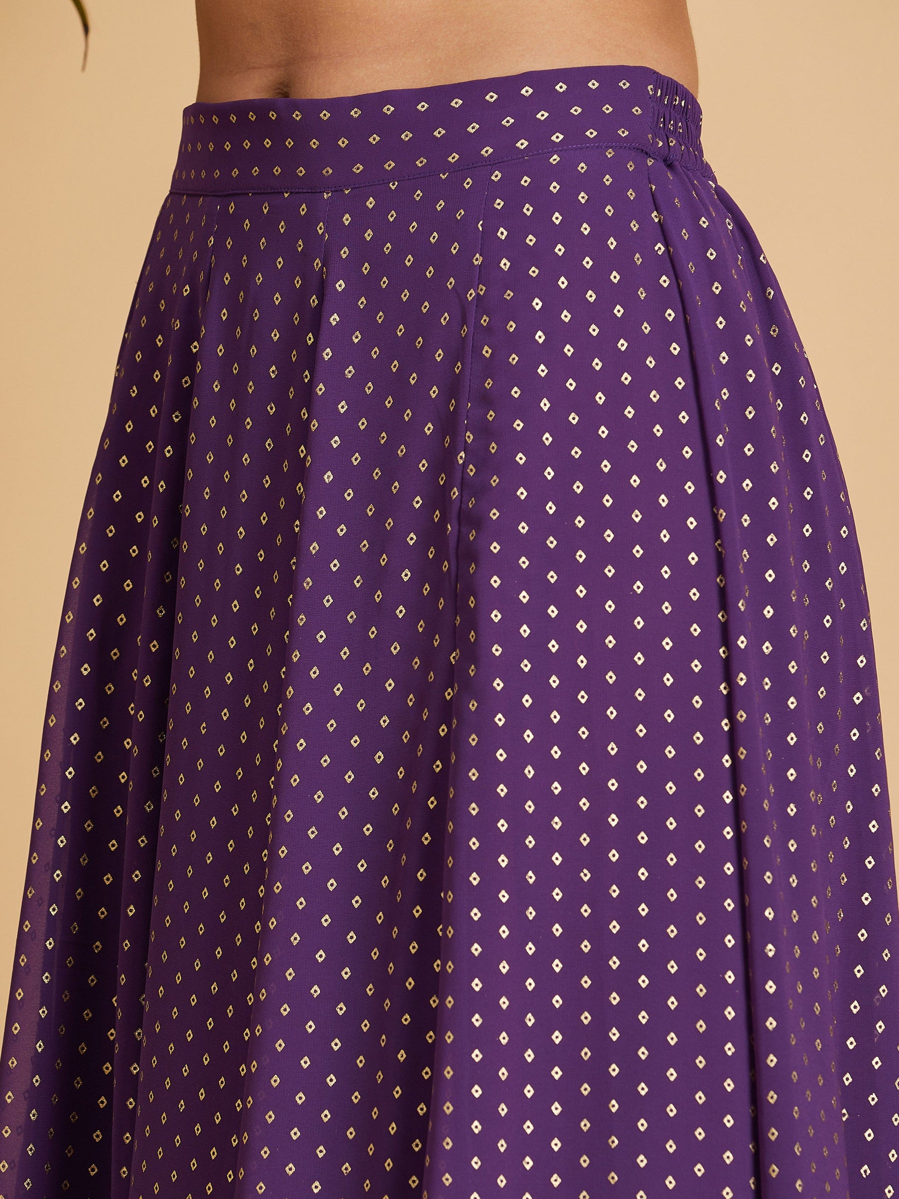 Purple Dot Foil Print Anarkali Skirt With Crop Top-Shae by SASSAFRAS