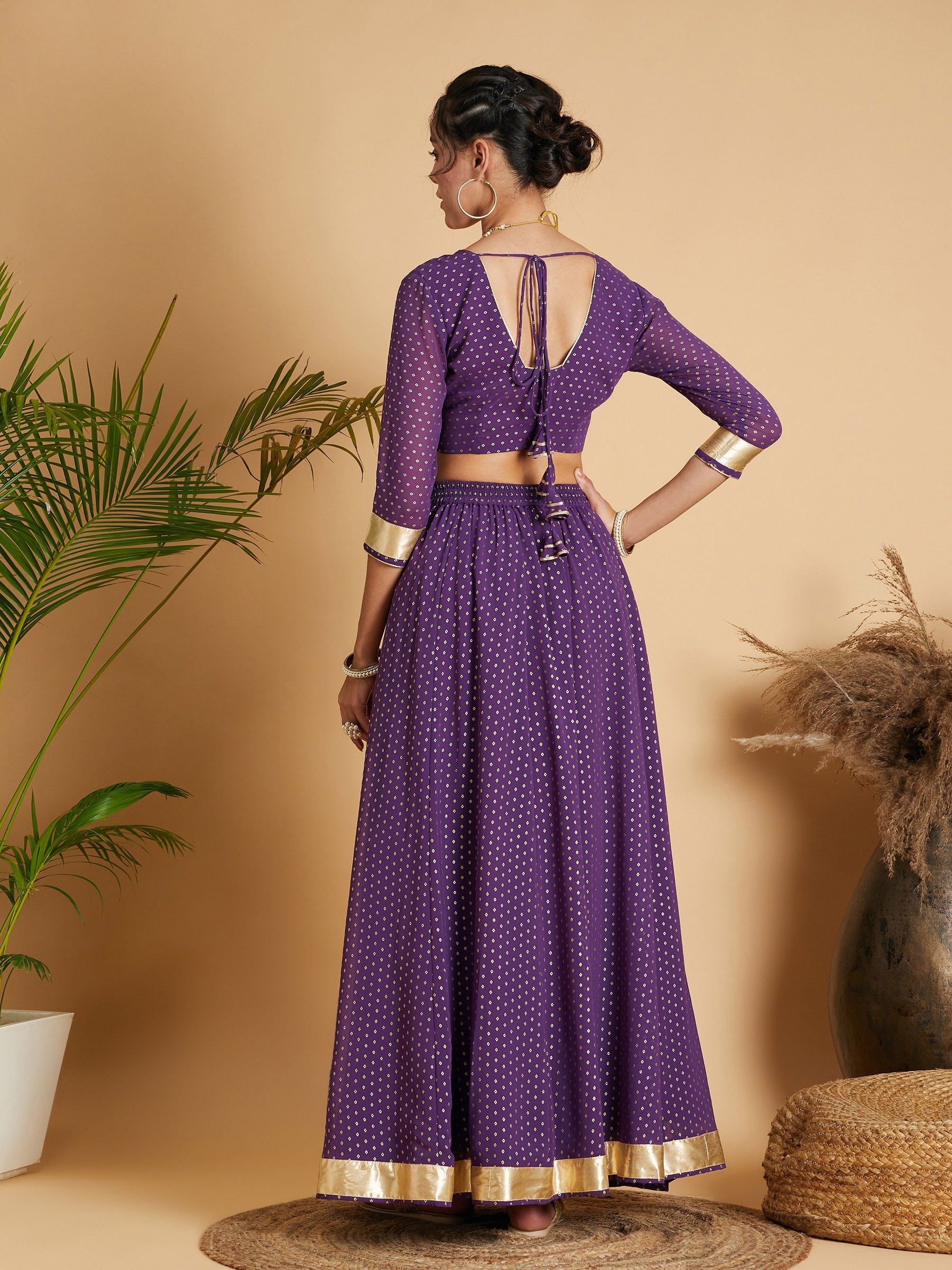 Purple Dot Foil Print Anarkali Skirt With Crop Top-Shae by SASSAFRAS