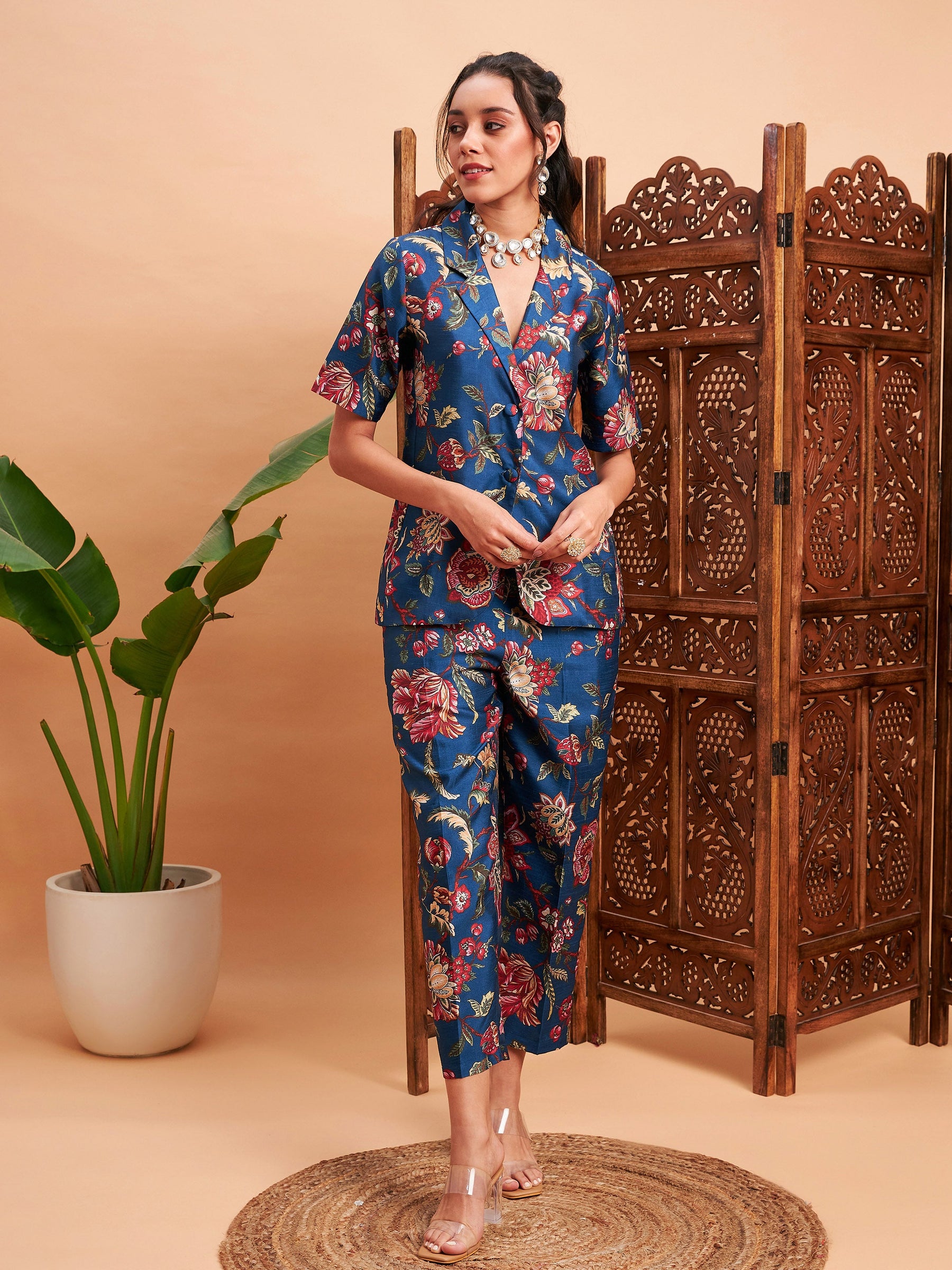 Women Blue Floral Blazer With Straight Pants - Main Image