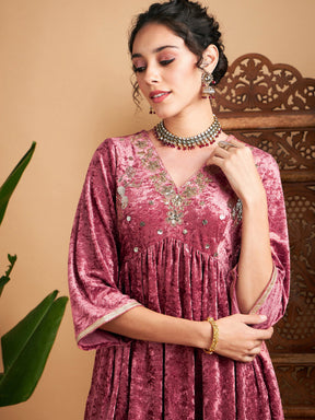 Pink Velvet Embroidered Top With Palazzos-Shae by SASSAFRAS