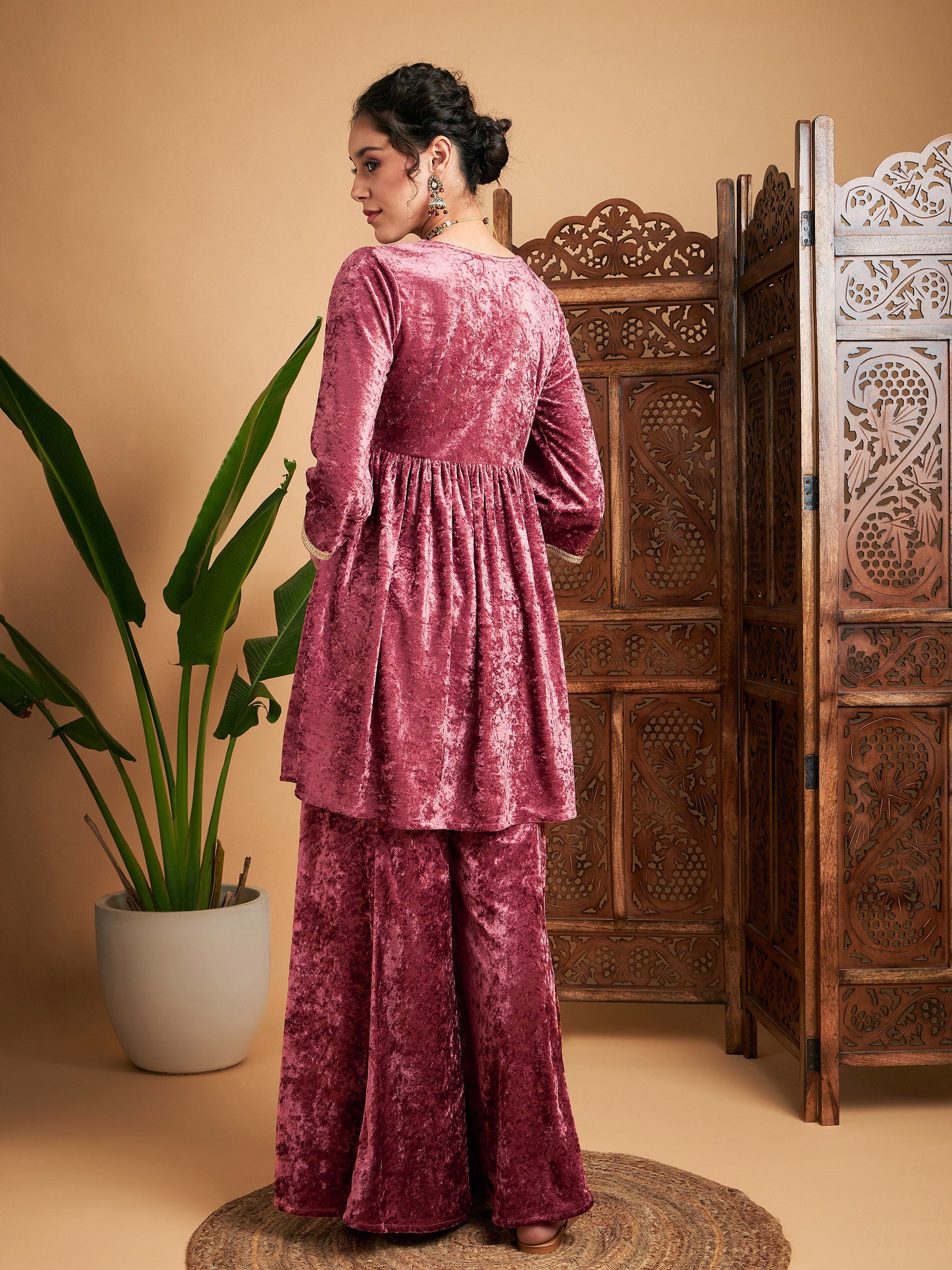 Pink Velvet Embroidered Top With Palazzos-Shae by SASSAFRAS