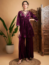 Purple Velvet Embroidered Top With Palazzos-Shae by SASSAFRAS