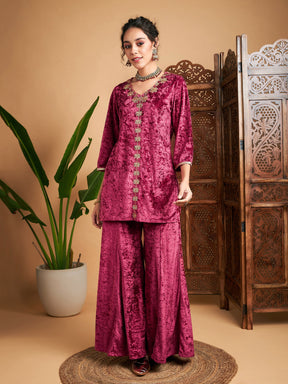 Pink Velvet Embroidered Short Kurta With Palazzos-Shae by SASSAFRAS