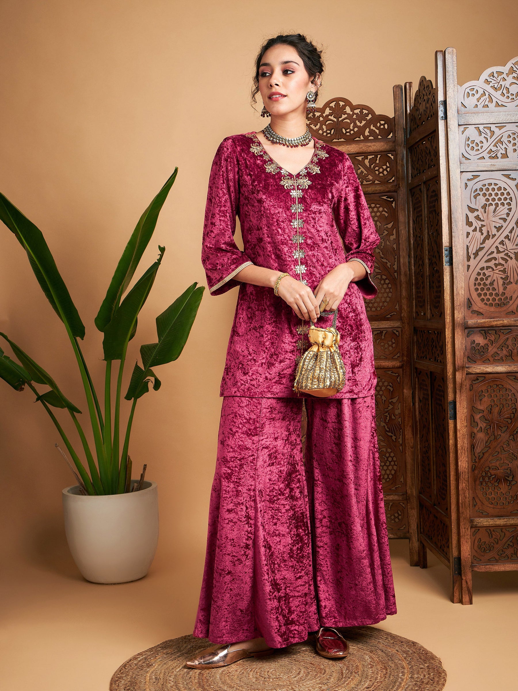 Pink Velvet Embroidered Short Kurta With Palazzos-Shae by SASSAFRAS