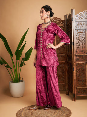 Pink Velvet Embroidered Short Kurta With Palazzos-Shae by SASSAFRAS