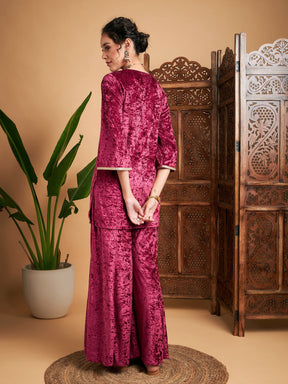 Pink Velvet Embroidered Short Kurta With Palazzos-Shae by SASSAFRAS