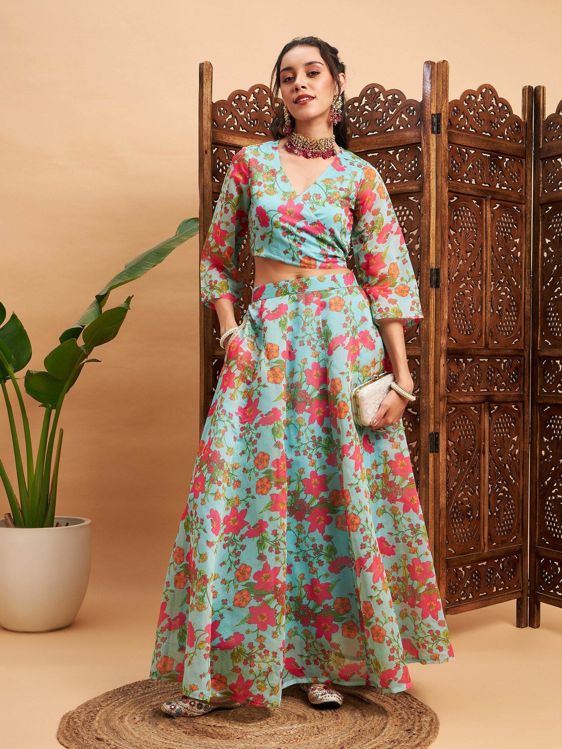 Blue Floral Anarkali Skirt With Wrap Crop Top-Shae by SASSAFRAS