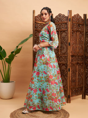 Blue Floral Anarkali Skirt With Wrap Crop Top-Shae by SASSAFRAS