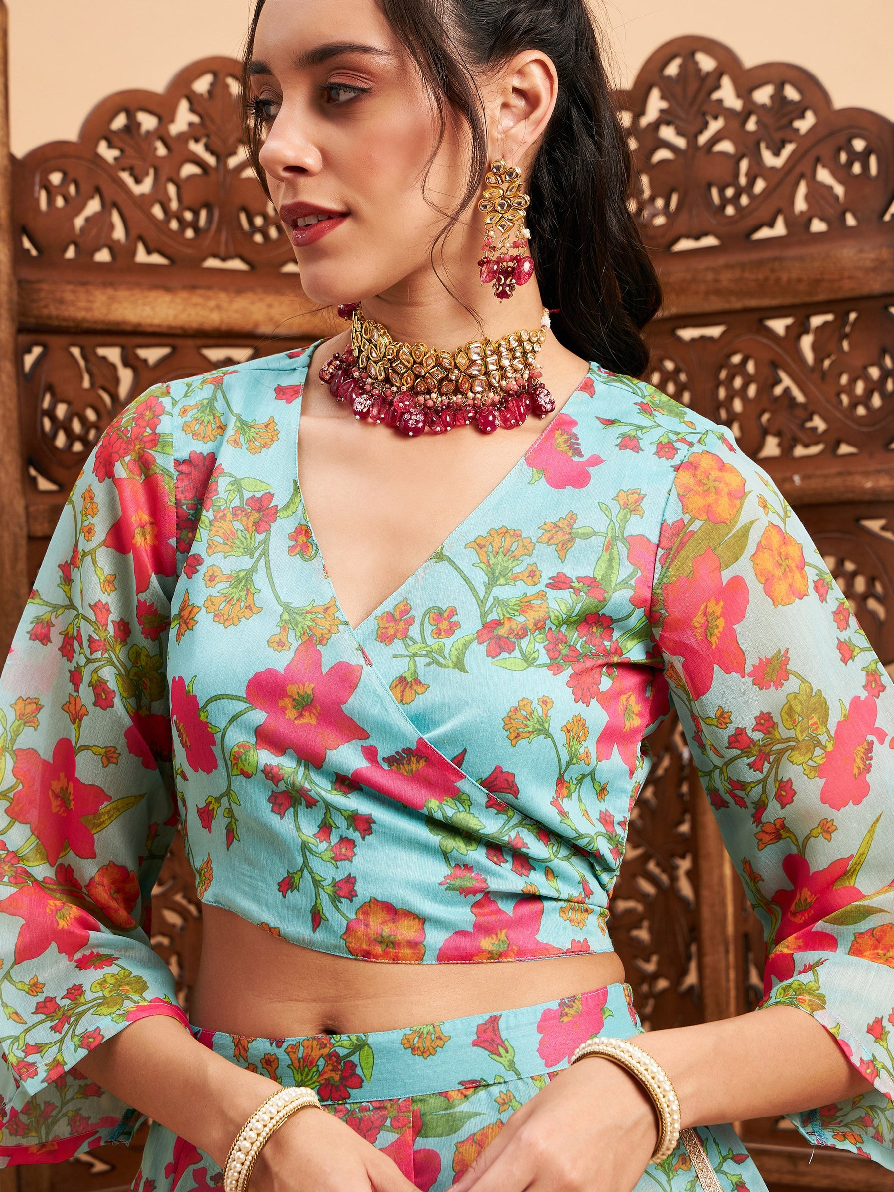 Blue Floral Anarkali Skirt With Wrap Crop Top-Shae by SASSAFRAS