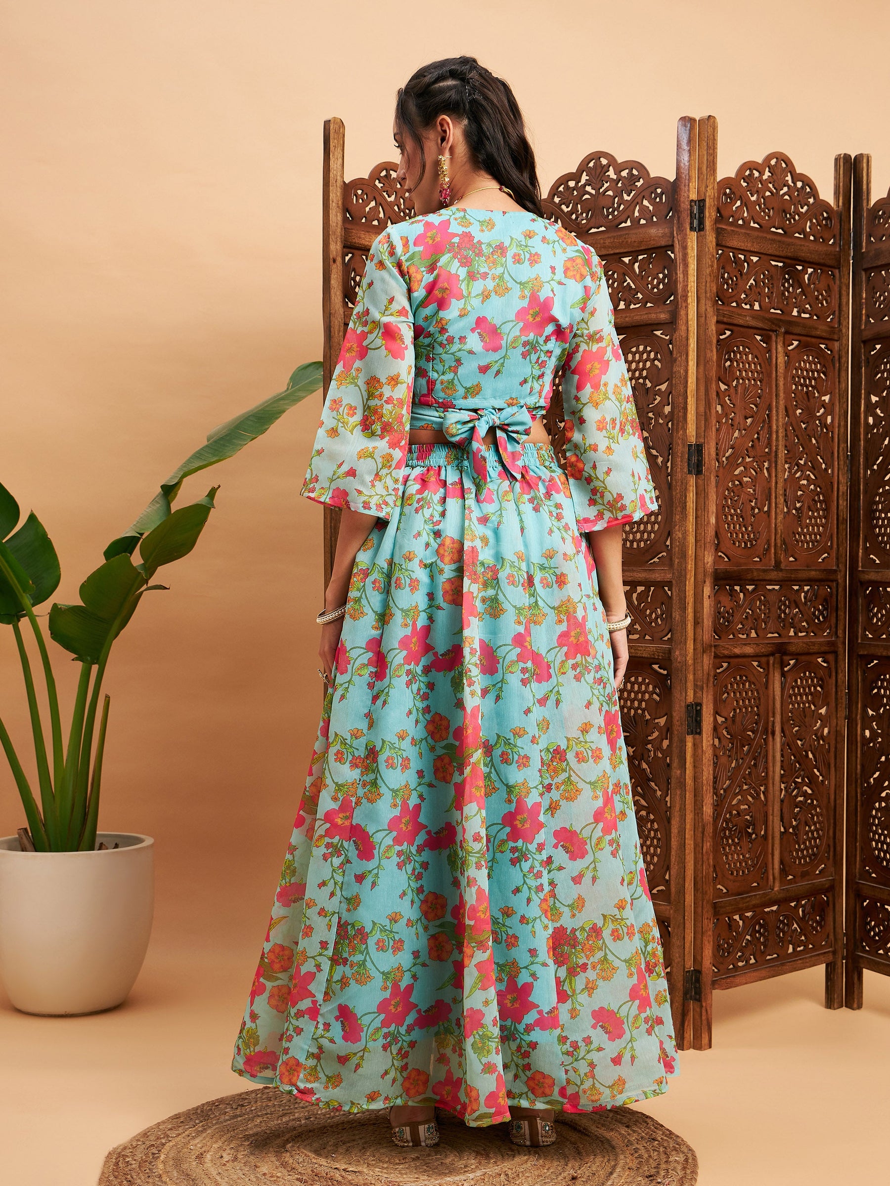 Blue Floral Anarkali Skirt With Wrap Crop Top-Shae by SASSAFRAS