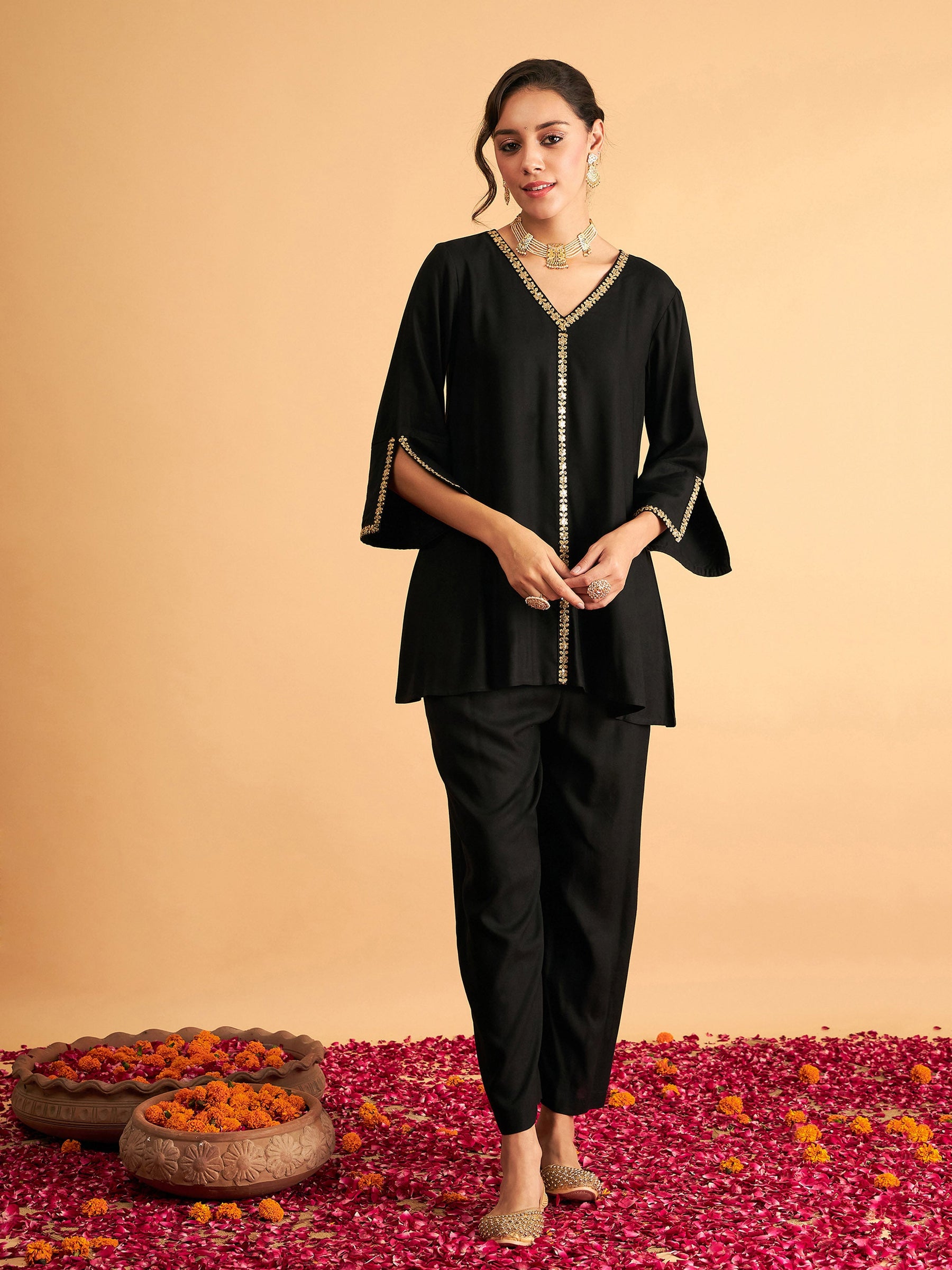Women Black Embroidered A Line Top With Straight Pants