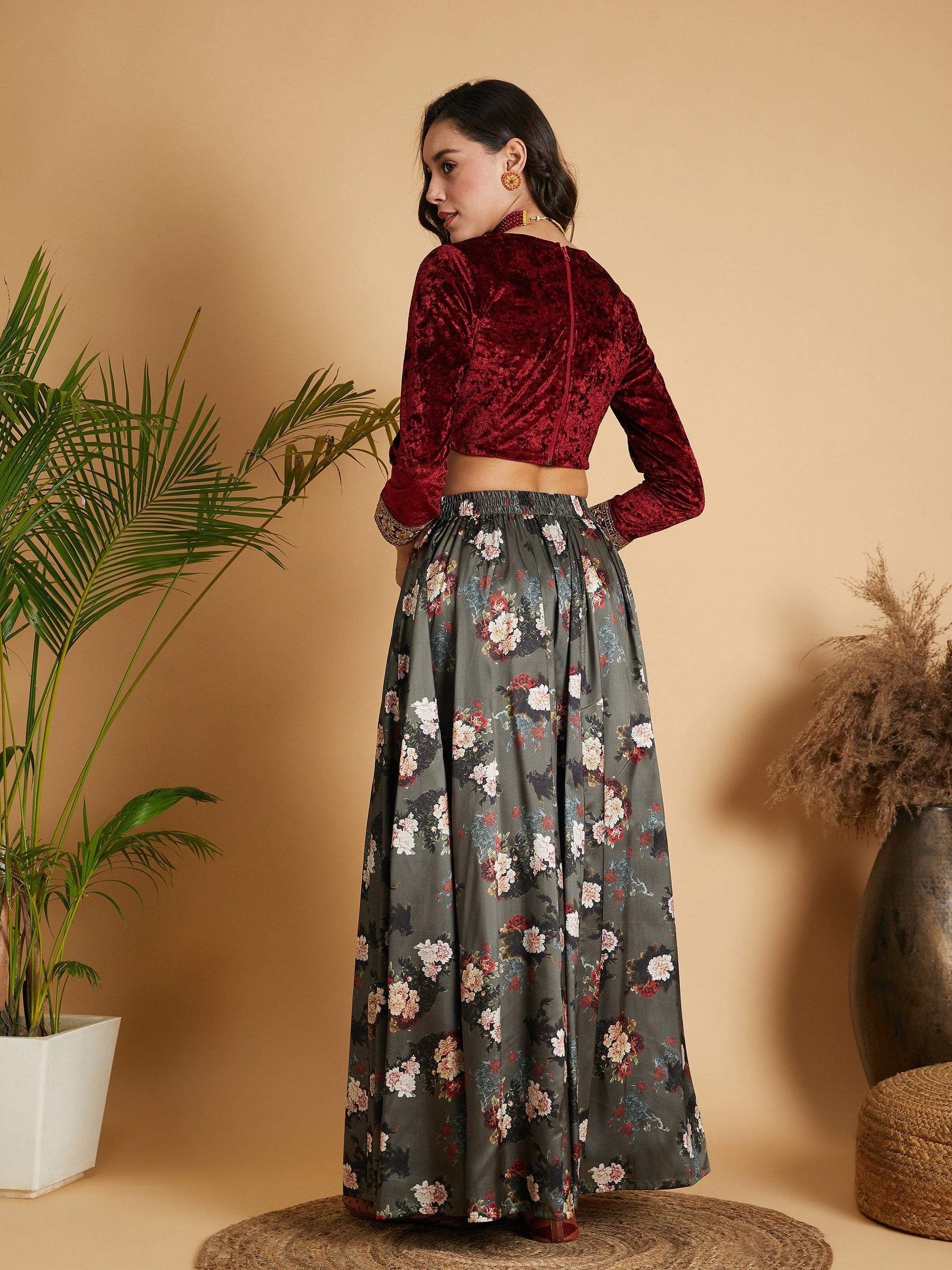 Buy Olive Floral Skirt With Maroon Velvet Full Sleeves Crop Top