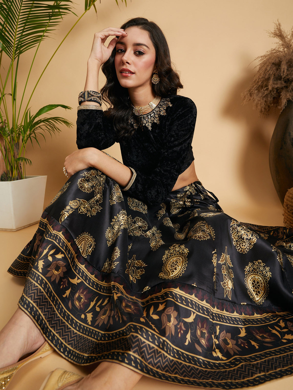 Black Floral Skirt With Black Velvet Full Sleeves Crop Top-Shae by SASSAFRAS