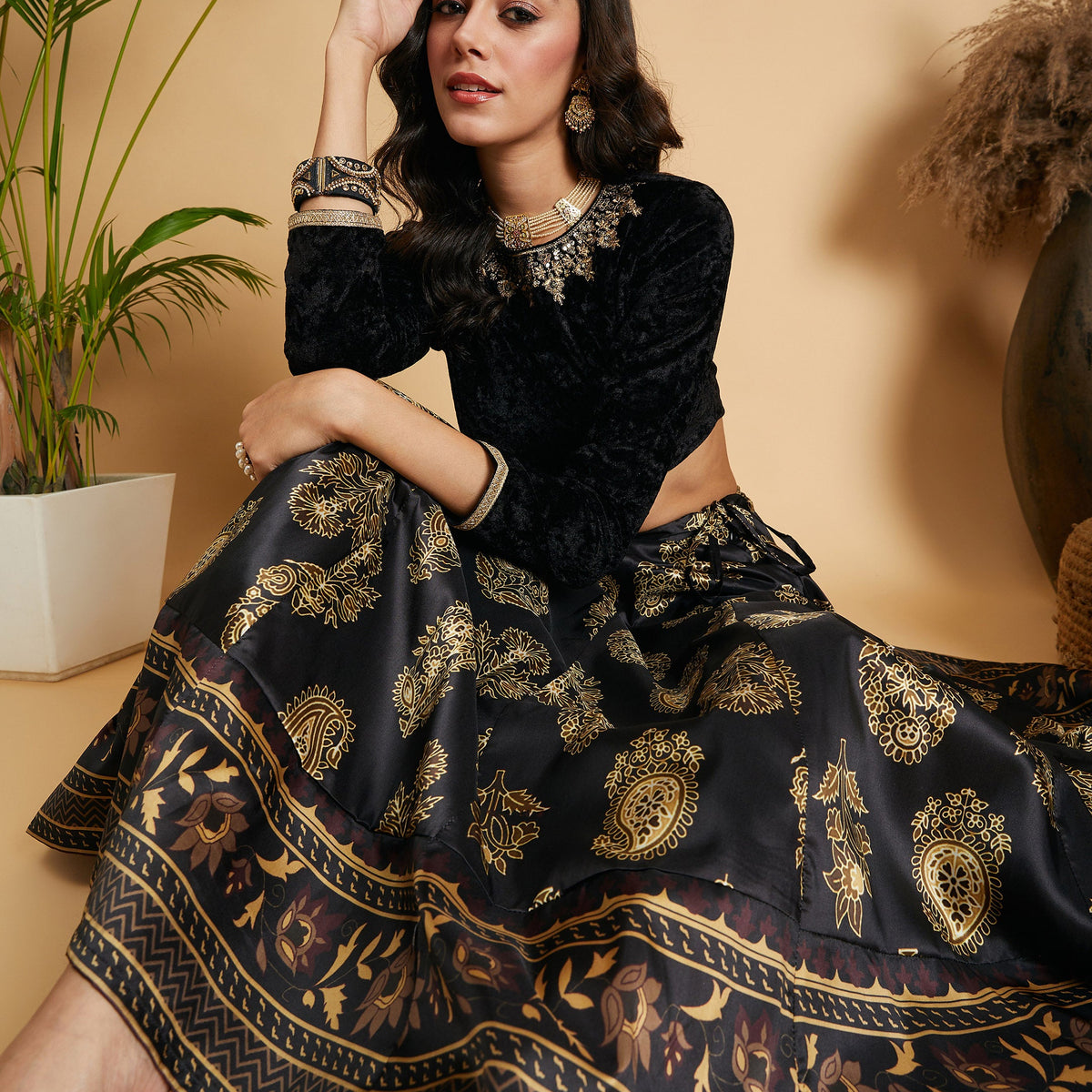 Buy Black Floral Skirt With Black Velvet Full Sleeves Crop Top