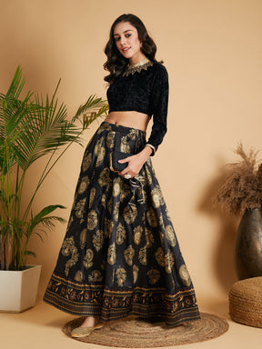 Black Floral Skirt With Black Velvet Full Sleeves Crop Top-Shae by SASSAFRAS