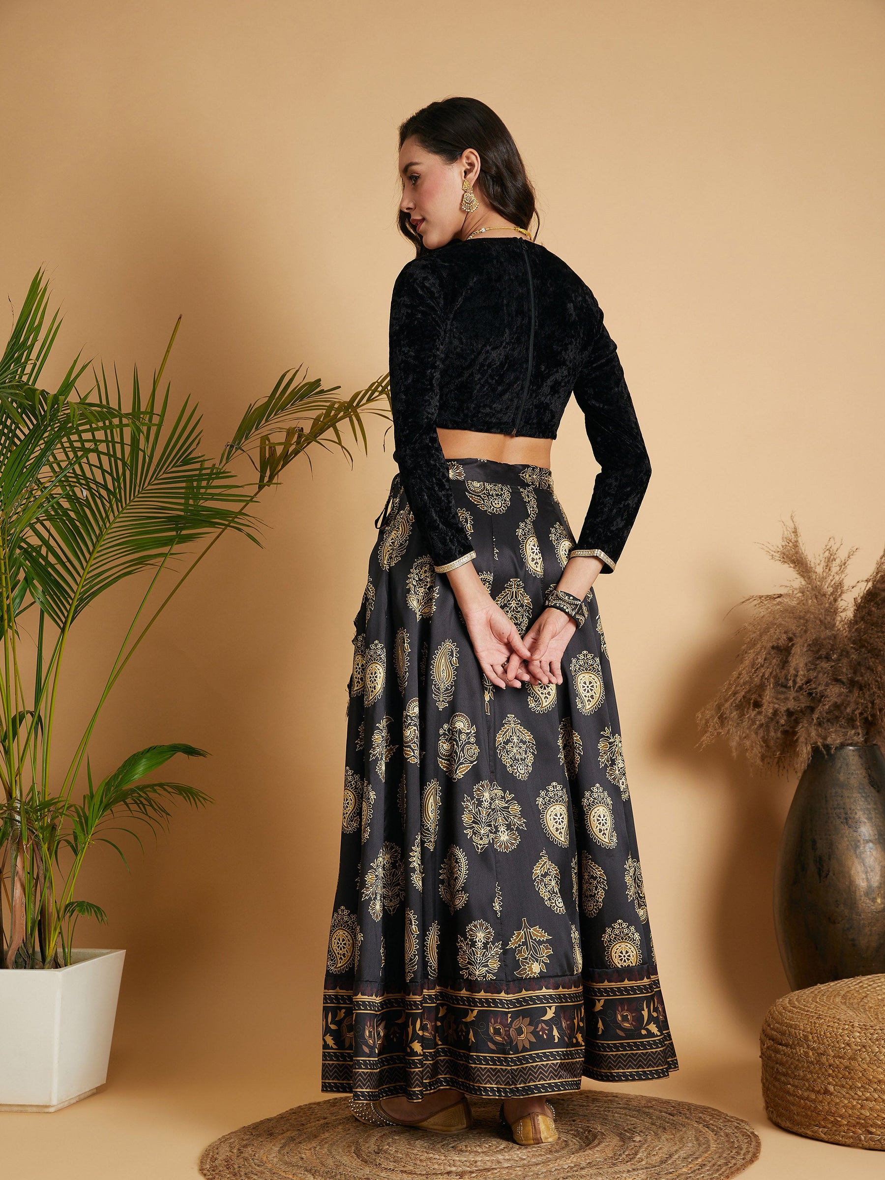 Buy Black Floral Skirt With Black Velvet Full Sleeves Crop Top