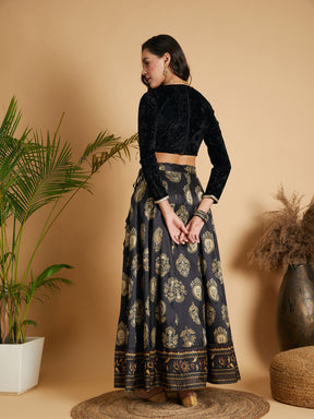 Black Floral Skirt With Black Velvet Full Sleeves Crop Top-Shae by SASSAFRAS