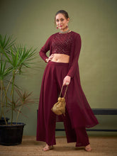 Maroon Crop Top With Palazzos & Shrug-Shae by SASSAFRAS