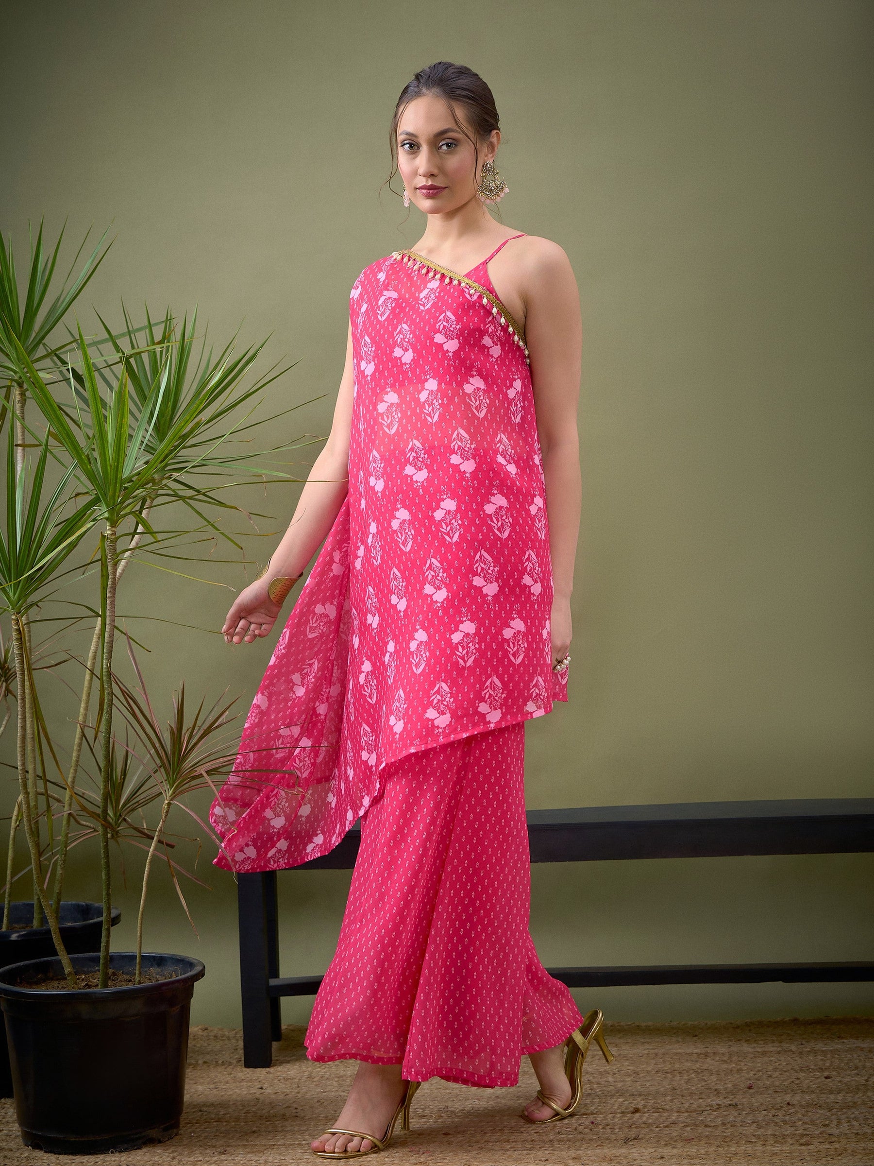 Fuchsia Floral One Shoulder Top With Sharara-Shae by SASSAFRAS