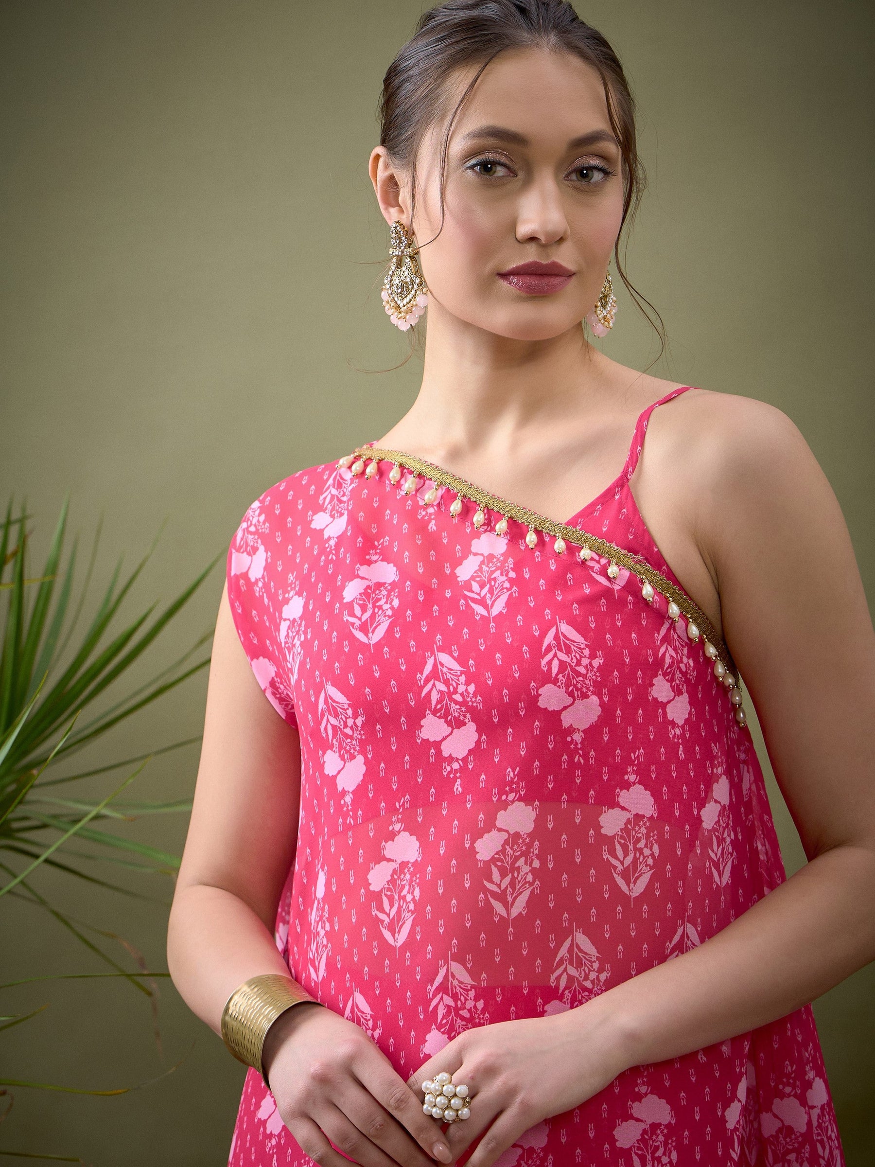 Fuchsia Floral One Shoulder Top With Sharara-Shae by SASSAFRAS