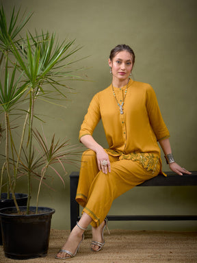 Mustard Placket Embroidered Shirt With Palazzos-Shae by SASSAFRAS