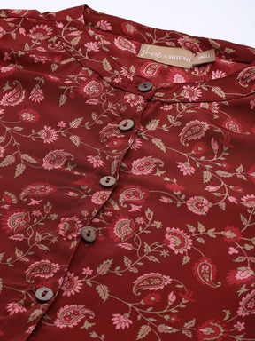 Women Maroon Floral High Low Shirt