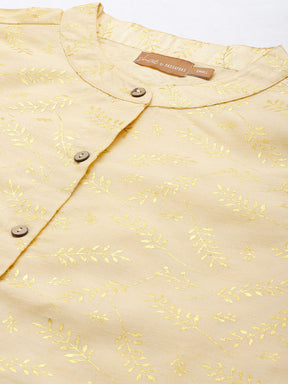Women Beige Chanderi Gold Foil High Low Shirt