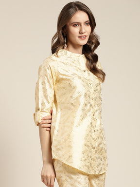 Women Beige Chanderi Gold Foil High Low Shirt