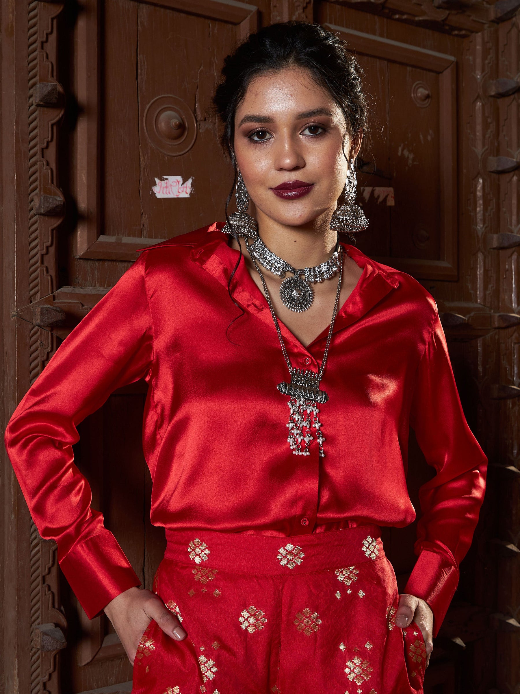 Satin Shirt Designs Silk Western Shirts Women Red Satin Regular Shirt