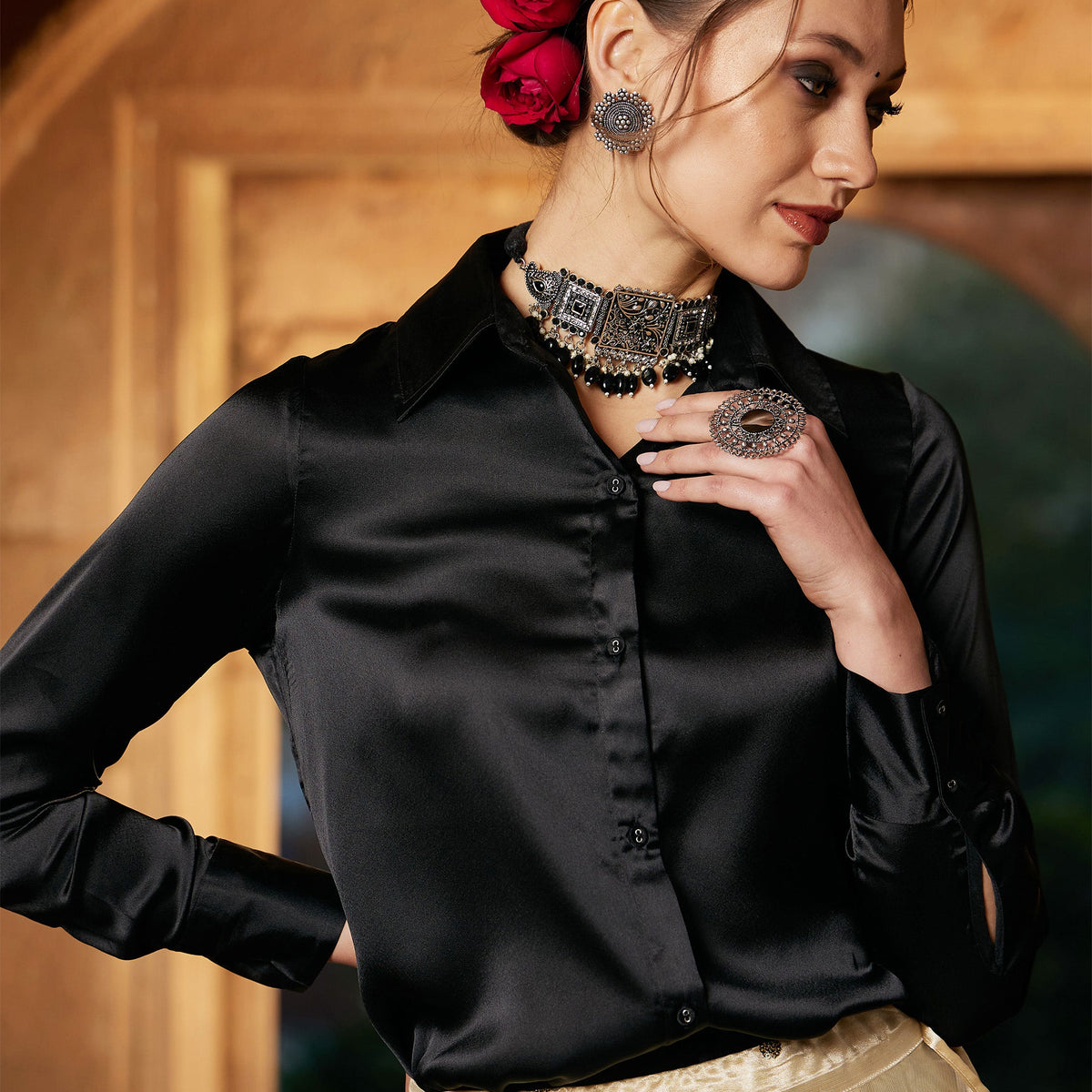 black satin blouse