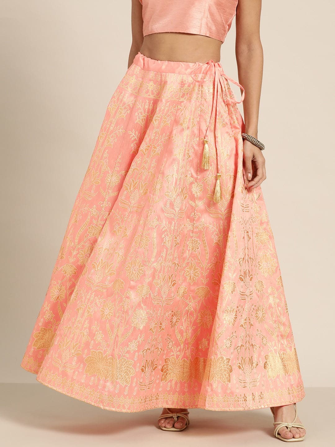 Peach Foil Print Anarkali Skirt-Skirts-SASSAFRAS