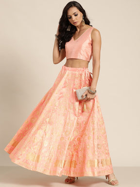 Peach Foil Print Anarkali Skirt