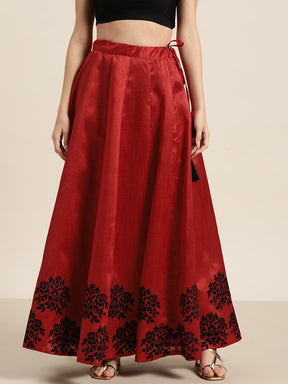 Red Flock Print Anarkali Skirt-Skirts-SASSAFRAS