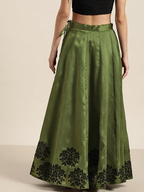 Green Flock Print Anarkali Skirt
