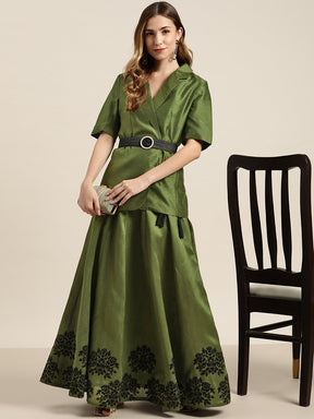 Green Flock Print Anarkali Skirt