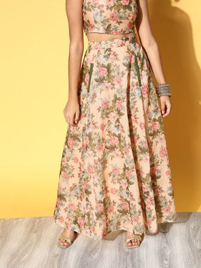 Women Beige Floral Pocket Anarkali Skirt-Skirts-SASSAFRAS