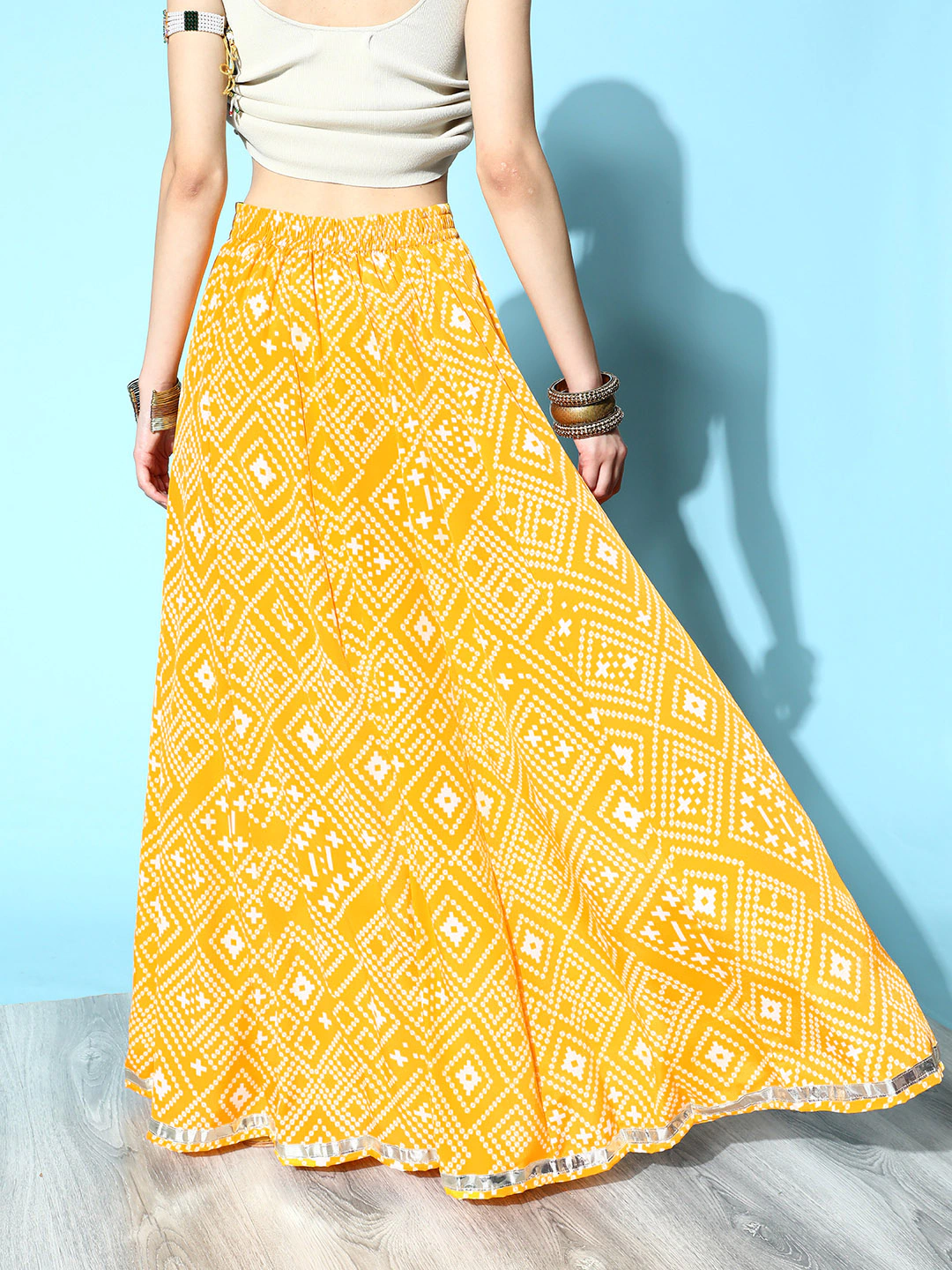 Women Yellow Tie & Dye Pocket Anarkali Skirt