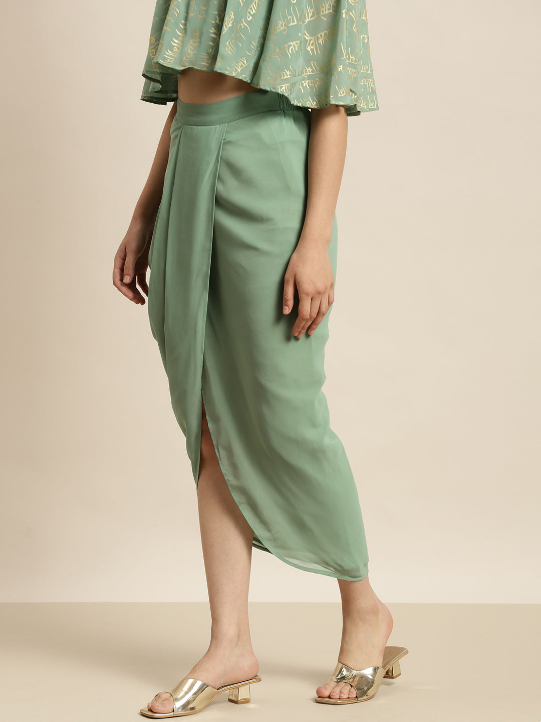 Women Green Pleated Dhoti Skirt