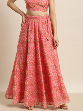 Women Peach Chanderi Mughal Floral Anarkali Skirt-Skirts-SASSAFRAS