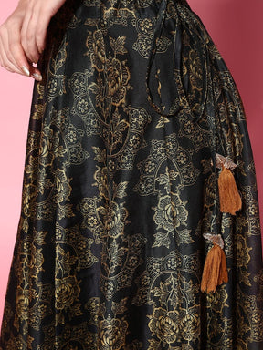 Women Black Chanderi Floral Anarkali Skirt