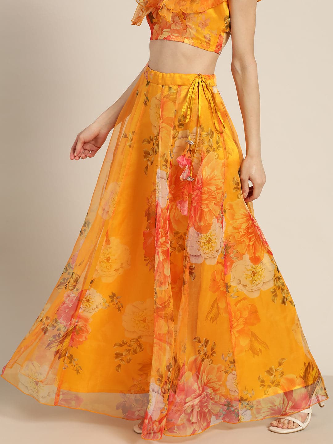 Yellow Organza Floral Anarkali Skirt Shae by SASSAFRAS