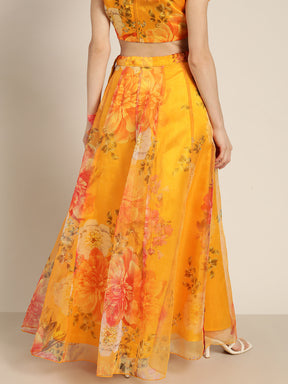 Women Yellow Organza Floral Anarkali Skirt