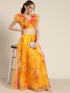 Women Yellow Organza Floral Anarkali Skirt