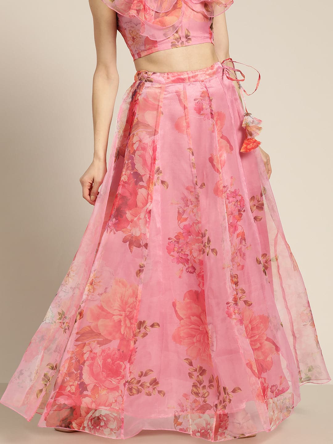 Pink Organza Floral Anarkali Skirt Shae by SASSAFRAS